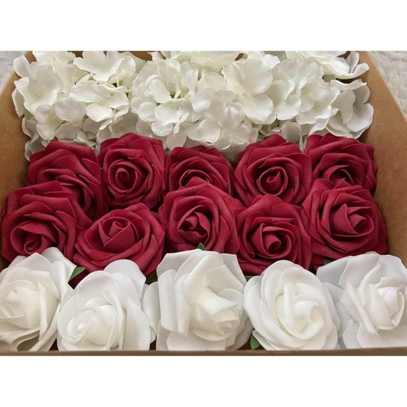 20 Count | Burgundy & White Roses Hydrangea Flowers Wedding Bouquet Centerpiece - Picture 2 of 5